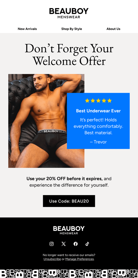 Twenty Percent Off Non-Buyer — Beauboy email