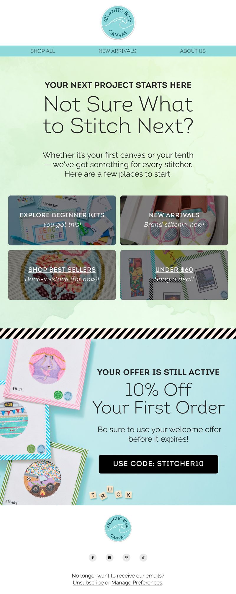 Welcome Series email — Not Sure What to Stitch Next? by Atlantic Blue Canvas