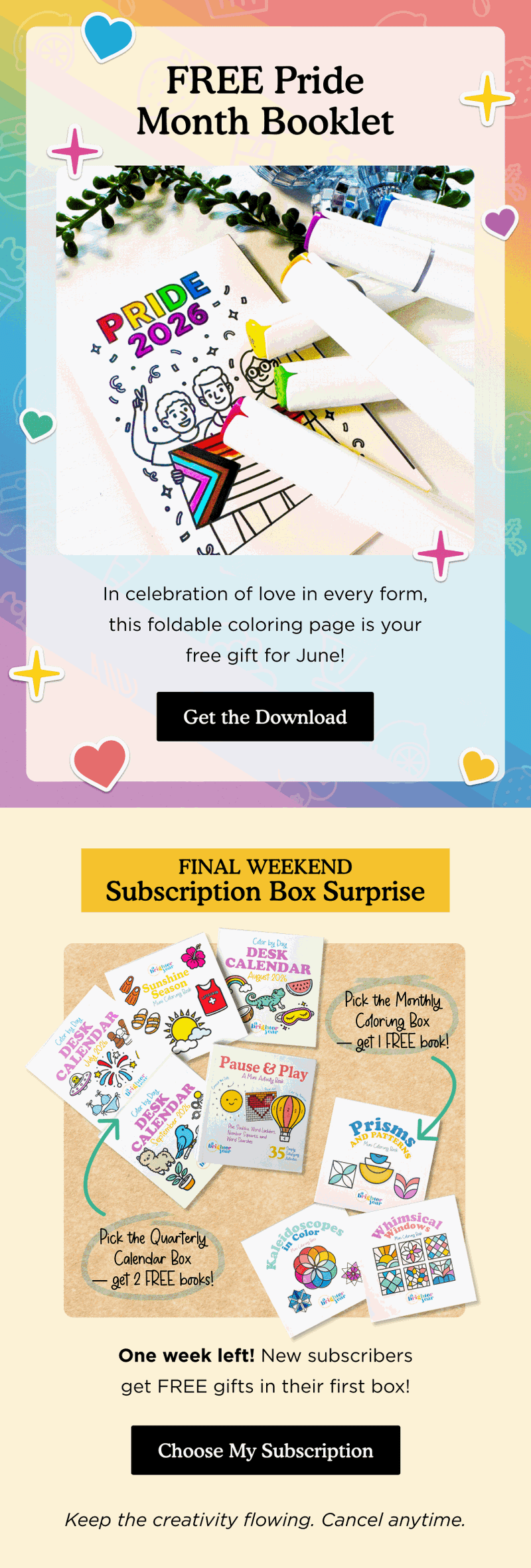 Seasonal email — Free Pride Month Coloring Booklet by Brighter Year