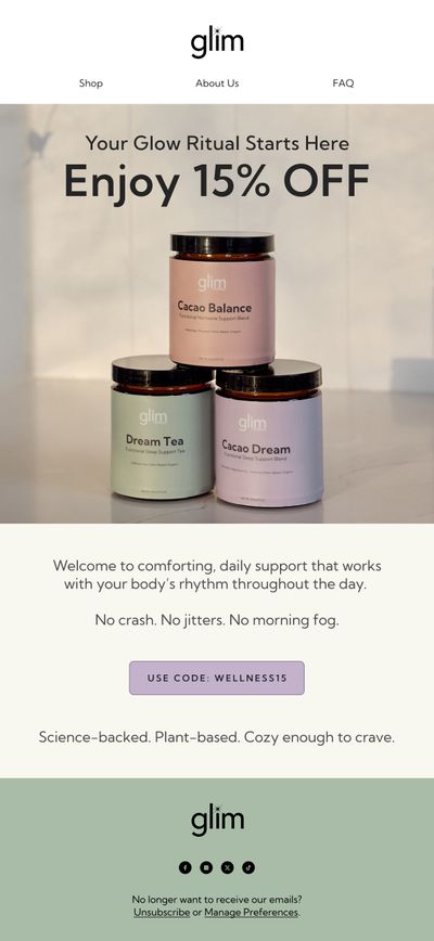 Enjoy 15 Percent Off Welcome — Glim