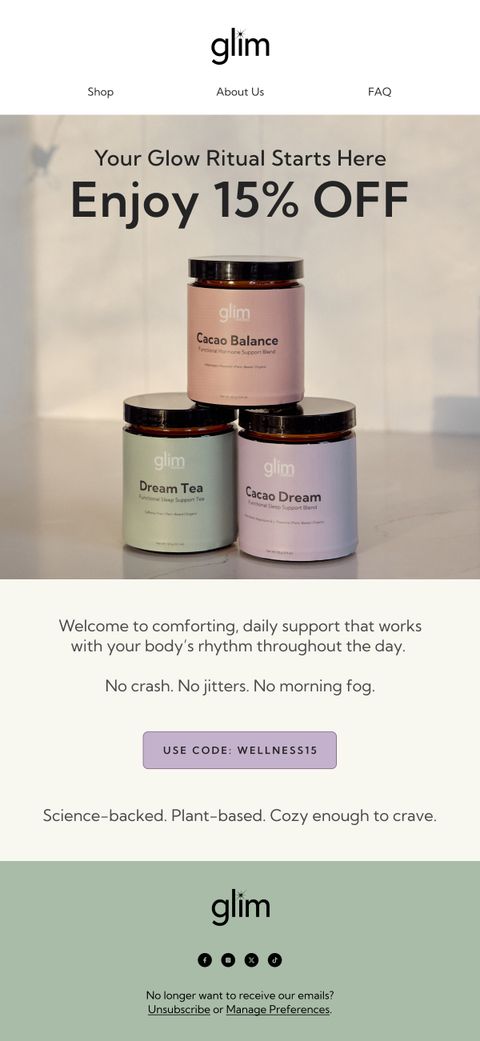 Enjoy 15 Percent Off Welcome — Glim email