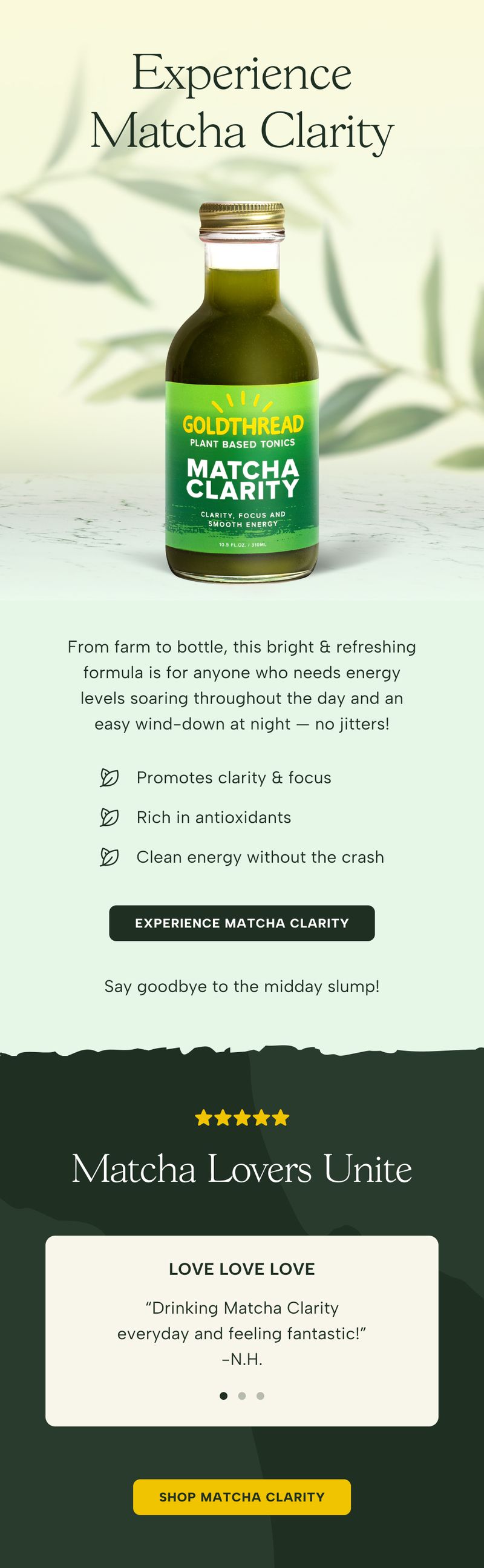 Promotional email — Experience Matcha Clarity Drink by Goldthread