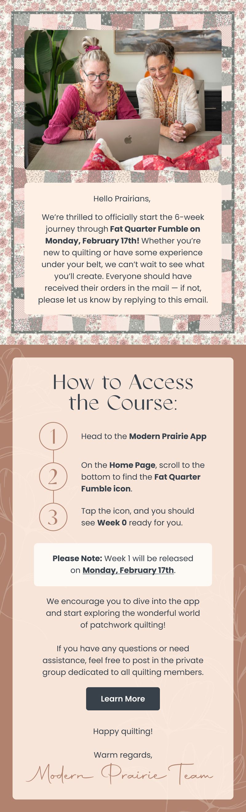 Welcome Series email — Fat Quarter Fumble Course by Modern Prairie