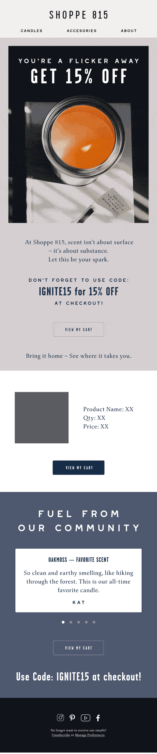 Abandoned Cart email — Ignite Candle 15 Percent Off by Shoppe 815