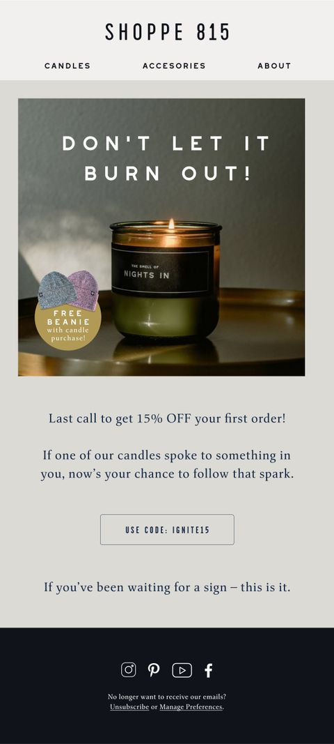 Welcome Offer Non Buyers — Shoppe 815 email